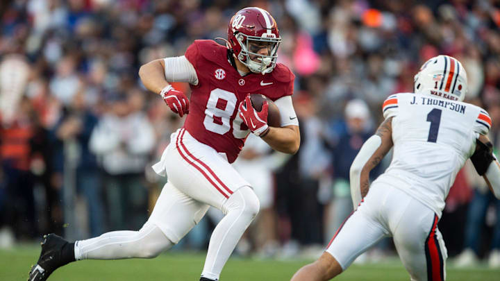 Alabama Crimson Tide tight end Josh Cuevas (80) turns upfield after a catch as Auburn Tigers take on Alabama Crimson Tide at Bryant-Denny Stadium in Tuscaloosa, Ala., on Saturday, Nov. 30, 2024. Alabama Crimson Tide leads Auburn Tigers 14-6 at halftime.