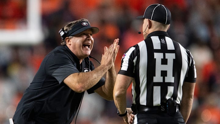 Georgia Bulldogs head coach Kirby Smart complains about a inadvertent time out call as Auburn Tigers take on Georgia Bulldogs at Jordan-Hare Stadium in Auburn, Ala. on Saturday, Oct. 11, 2025. Georgia Bulldogs defeated Auburn Tigers 20-10.