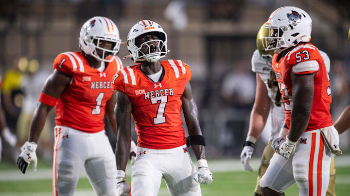 Mercer Bears safety Carmelo O'neal (7) celebrates his sack as Mercer Bears take on UC Davis Aggies during the FCS Kickoff Game at Cramton Bowl in Montgomery, Ala. on Saturday, Aug. 23, 2025. Mercer Bears safety Carmelo O'neal (7) celebrates his sack as Mercer Bears take on UC Davis Aggies during the FCS Kickoff Game at Cramton Bowl in Montgomery, Ala. on Saturday, Aug. 23, 2025.