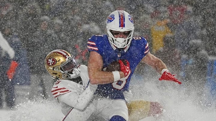 Bills Dawson Knox catches a pass during second half action of their home game against the San Francisco 49ers in Orchard Park on Dec. 1, 2024. Bills Dawson Knox catches a pass during second half action of their home game against the San Francisco 49ers in Orchard Park on Dec. 1, 2024.