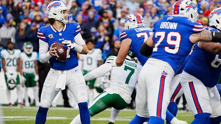 Buffalo Bills quarterback Josh Allen (17) looks down field. Buffalo Bills quarterback Josh Allen (17) looks down field.