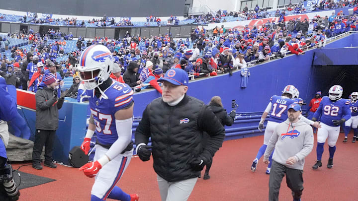 Buffalo Bills head coach Sean McDermott joins his team out on the field for warmups before the Buffalo Bills wild card game against the Denver Broncos at Highmark Stadium in Orchard Park.