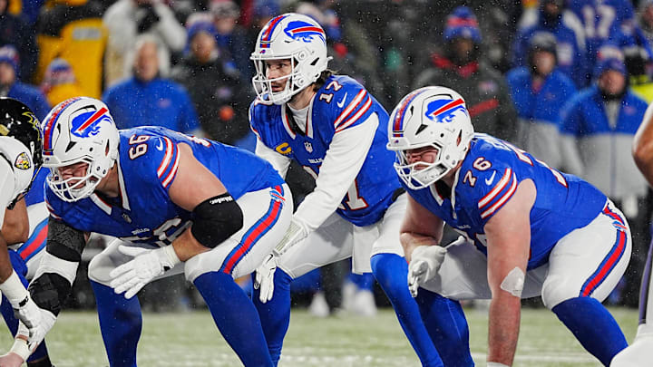 Buffalo Bills quarterback Josh Allen gets ready to take the snap during first half action at the Buffalo Bills divisional game against the Baltimore Ravens at Highmark Stadium in Orchard Park on Jan. 19, 2025.