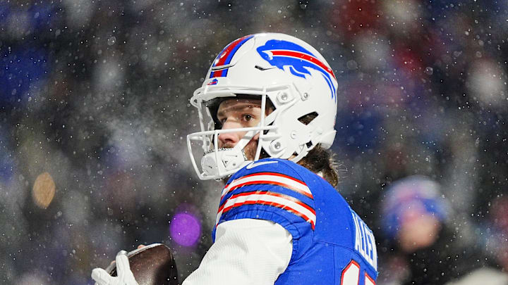 Buffalo Bills quarterback Josh Allen throws a pass, warming up before the Buffalo Bills divisional game against the Baltimore Ravens at Highmark Stadium in Orchard Park on Jan. 19, 2025. Buffalo Bills quarterback Josh Allen throws a pass, warming up before the Buffalo Bills divisional game against the Baltimore Ravens at Highmark Stadium in Orchard Park on Jan. 19, 2025.