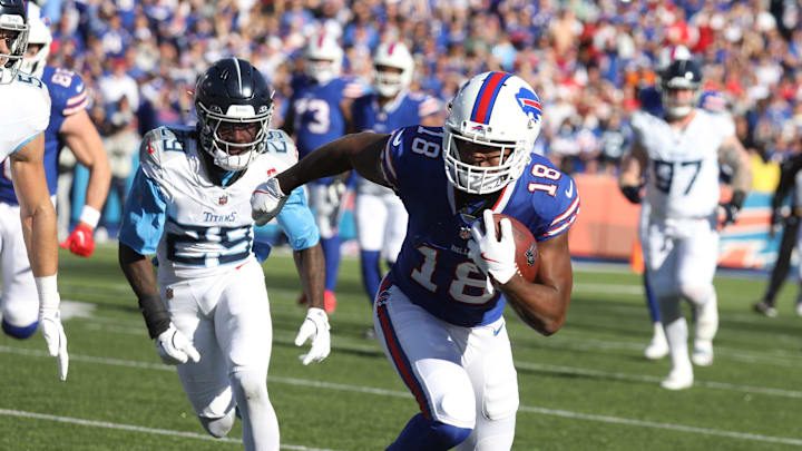 Buffalo Bills' Amari Cooper runs toward the end zone with the ball during the second half at Highmark Stadium.
