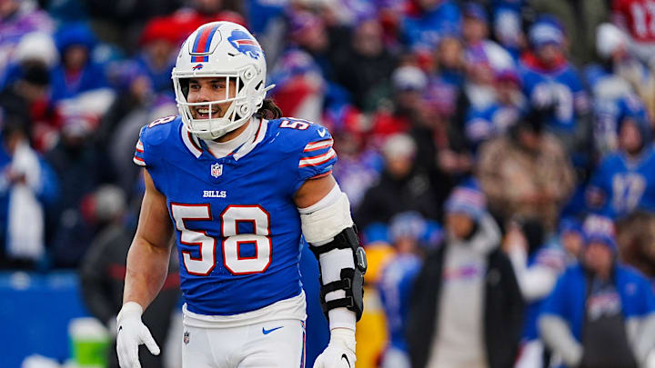 Buffalo Bills linebacker Matt Milano (58) smiles after making a tackle during the second half of the Buffalo Bills wild card game against the Denver Broncos at Highmark Stadium in Orchard Park on Jan. 12, 2025.