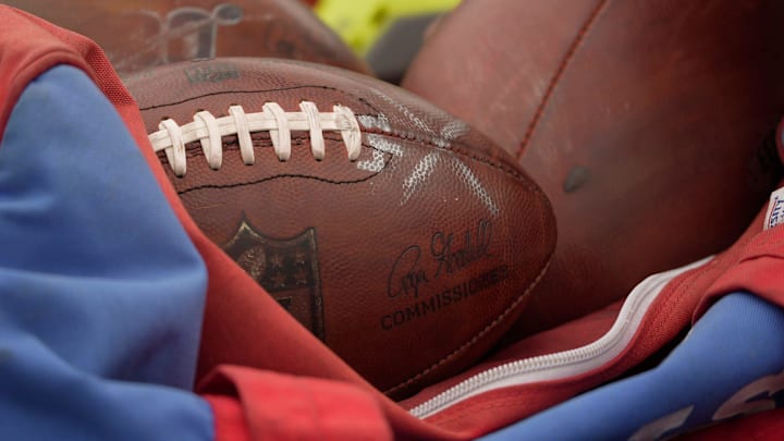 A bunch of practice balls sit in a bag for later use at Bills Training Camp. A bunch of practice balls sit in a bag for later use at Bills Training Camp.