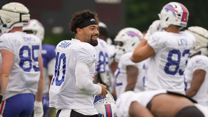 Buffalo Bills wide receiver Khalil Shakir smiles at teammates as he heads to an area to participate in stretches during Bills Training Camp at St. John Fisher University in Pittsford on July 31, 2025.