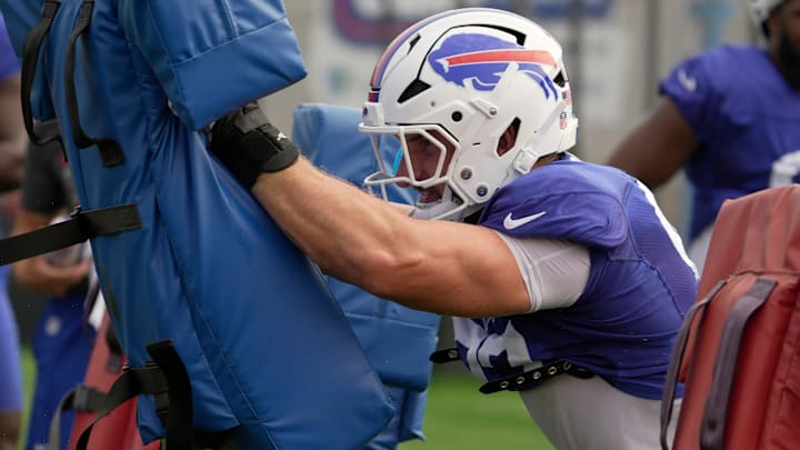 Buffalo Bills defensive end Joey Bosa runs a drill at Bills Training Camp at St. John Fisher University in Pittsford on Aug.6, 2025.
