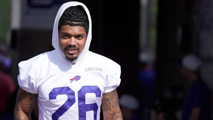 Buffalo Bills running back Ty Johnson smiles as fans cheer as he takes the field for practice during the Buffalo Bills training camp at St. John Fisher University in Pittsford on July 24, 2025.