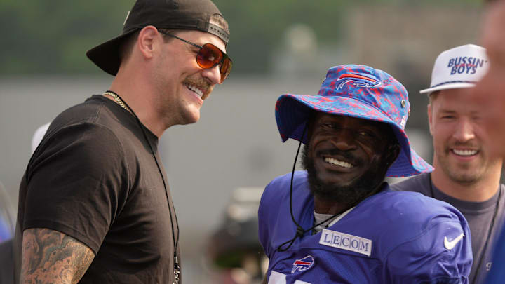 Buffalo Bills cornerback Tre'Davious White comes over to Taylor Lewan and Will Compton, behind him, to say hello before Bills Training Camp at St. John Fisher University in Pittsford on Aug.6, 2025.
