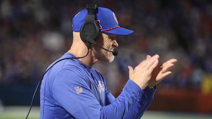 Bills head coach Sean McDermott, claps his hands as the team gets ready to keep the Jaguars from scoring during second half action at Highmark Stadium in Orchard Park on Sept. 23, 2024.