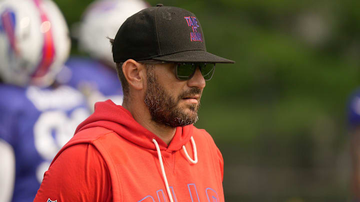 Buffalo Bills defensive coordinator Bobby Babich works with some of the players on the back field at Bills Training Camp at St. John Fisher University in Pittsford on Aug.6, 2025. Buffalo Bills defensive coordinator Bobby Babich works with some of the players on the back field at Bills Training Camp at St. John Fisher University in Pittsford on Aug.6, 2025.