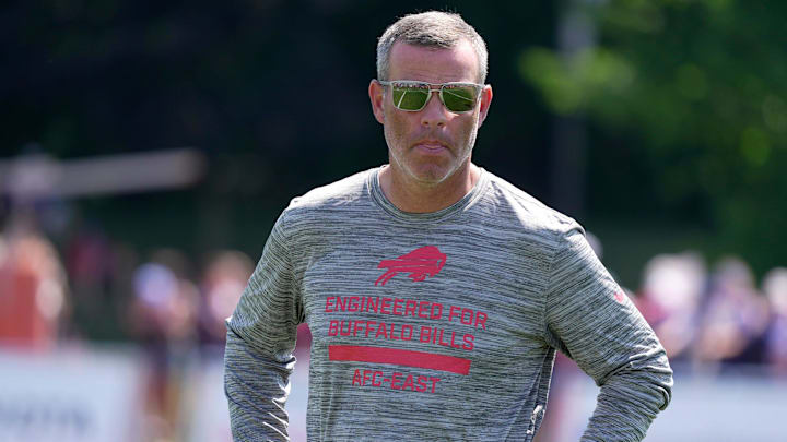 Brandon Beane, general manager of then Buffalo Bills, heads off the field at the end of practice at the Buffalo Bills training camp at St. John Fisher University in Pittsford on July 24, 2025.