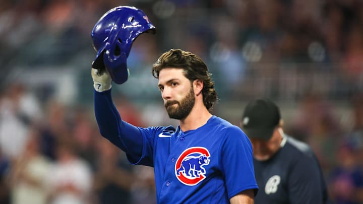 Sep 26, 2023: Chicago Cubs shortstop Dansby Swanson (7) acknowledges the crowd before an at-bat against the Atlanta Braves in the second inning at Truist Park. Sep 26, 2023: Chicago Cubs shortstop Dansby Swanson (7) acknowledges the crowd before an at-bat against the Atlanta Braves in the second inning at Truist Park.
