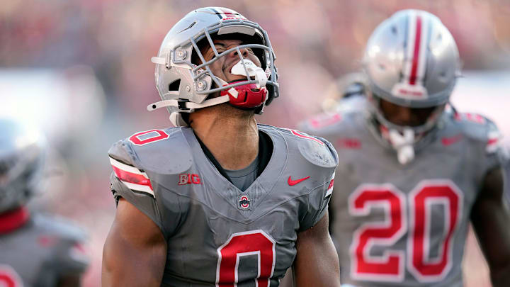 Oct 5, 2024; Columbus, OH, USA; Ohio State Buckeyes linebacker Cody Simon (0) celebrates a tackle against Iowa Hawkeyes in the second quarter during the NCAA football game at Ohio Stadium.