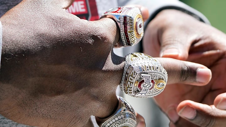 Former Ohio State Buckeye Donovan Jackson received three rings for winning the College Football Playoffs during the spring game at Ohio Stadium on April 12, 2025. Players and coaches from the 2024 championship team received a ring for making the College Football Playoff, one from the CFP for winning it and a championship ring from Ohio State.