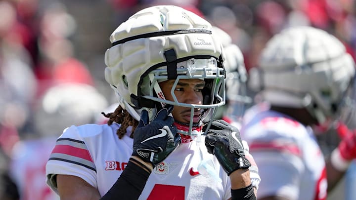 Ohio State Buckeye Gray Devin Sanchez (4) lines up against team Scarlet offense in the 2nd half during the spring game at Ohio Stadium on April 12, 2025. Ohio State Buckeye Gray Devin Sanchez (4) lines up against team Scarlet offense in the 2nd half during the spring game at Ohio Stadium on April 12, 2025.