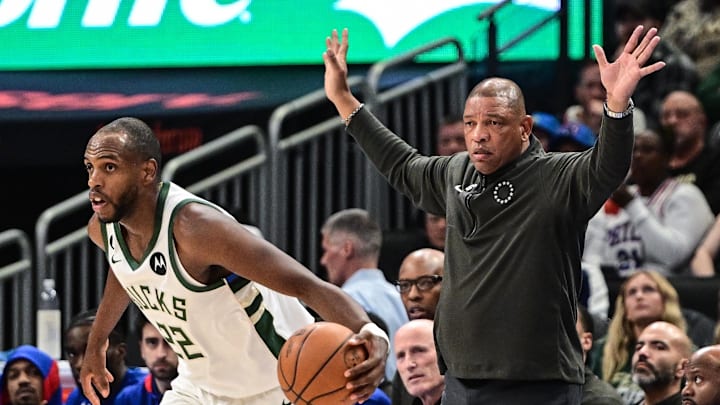 Apr 2, 2023; Milwaukee, Wisconsin, USA; Philadelphia 76ers head coach Doc Rivers calls a play behind Milwaukee Bucks forward Khris Middleton (22) in the third quarter at Fiserv Forum. Mandatory Credit: Benny Sieu-Imagn Images Apr 2, 2023; Milwaukee, Wisconsin, USA; Philadelphia 76ers head coach Doc Rivers calls a play behind Milwaukee Bucks forward Khris Middleton (22) in the third quarter at Fiserv Forum. Mandatory Credit: Benny Sieu-Imagn Images
