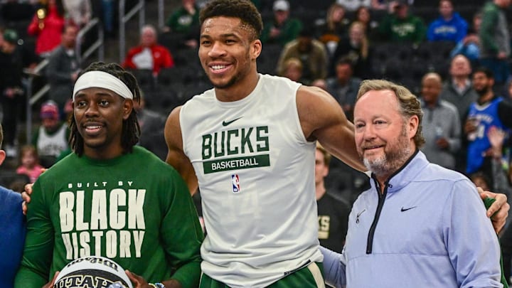 Feb 14, 2023; Milwaukee, Wisconsin, USA; Milwaukee Bucks guard Jrue Holiday (21), forward Giannis Antetokounmpo (34) and head coach Mike Budenholzer will represent the Bucks at the NBA All-Star game at Fiserv Forum. Mandatory Credit: Benny Sieu-Imagn Images