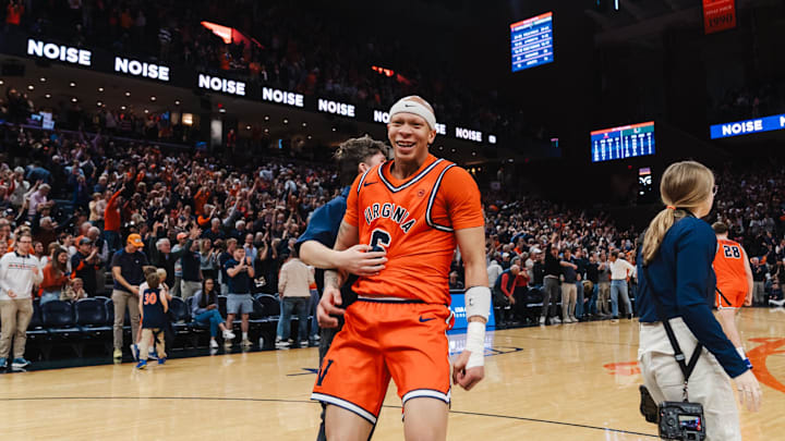 Feb 21, 2026; Charlottesville, Virginia, USA; Virginia Cavaliers guard Jacari White (6) celebrates after the game against the Miami (FL) Hurricanes at John Paul Jones Arena. Mandatory Credit: Emily Faith Morgan-Imagn Images