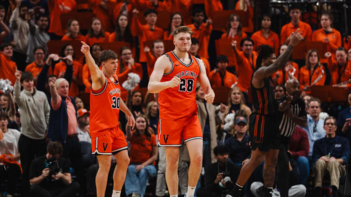 Feb 21, 2026; Charlottesville, Virginia, USA; Virginia Cavaliers forward Thijs de Ridder (28) celebrates in the second half against the Miami (FL) Hurricanes at John Paul Jones Arena. Mandatory Credit: Emily Faith Morgan-Imagn Images