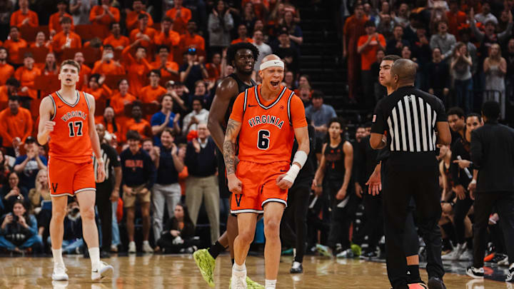 Feb 21, 2026; Charlottesville, Virginia, USA; Virginia Cavaliers guard Jacari White (6) celebrates during the second half against the Miami (FL) Hurricanes at John Paul Jones Arena. Mandatory Credit: Emily Faith Morgan-Imagn Images Feb 21, 2026; Charlottesville, Virginia, USA; Virginia Cavaliers guard Jacari White (6) celebrates during the second half against the Miami (FL) Hurricanes at John Paul Jones Arena. Mandatory Credit: Emily Faith Morgan-Imagn Images
