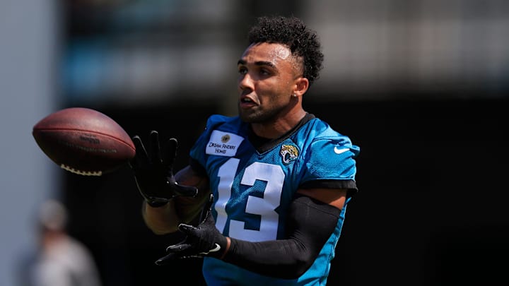 Jacksonville Jaguars wide receiver Christian Kirk (13) catches a pass during an organized team activity Tuesday, May 28, 2024 at EverBank Stadium’s Miller Electric Center in Jacksonville, Fla.