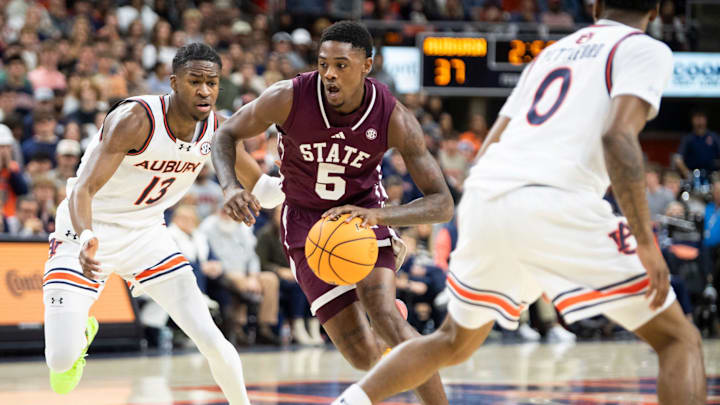 Mississippi State Bulldogs guard Shawn Jones Jr. (5) drives the ball as Auburn Tigers take on Mississippi State Bulldogs at Neville Arena in Auburn, Ala., on Tuesday, Jan. 14, 2025. Auburn Tigers lead Mississippi State Bulldogs 46-27 at halftime. Mississippi State Bulldogs guard Shawn Jones Jr. (5) drives the ball as Auburn Tigers take on Mississippi State Bulldogs at Neville Arena in Auburn, Ala., on Tuesday, Jan. 14, 2025. Auburn Tigers lead Mississippi State Bulldogs 46-27 at halftime.