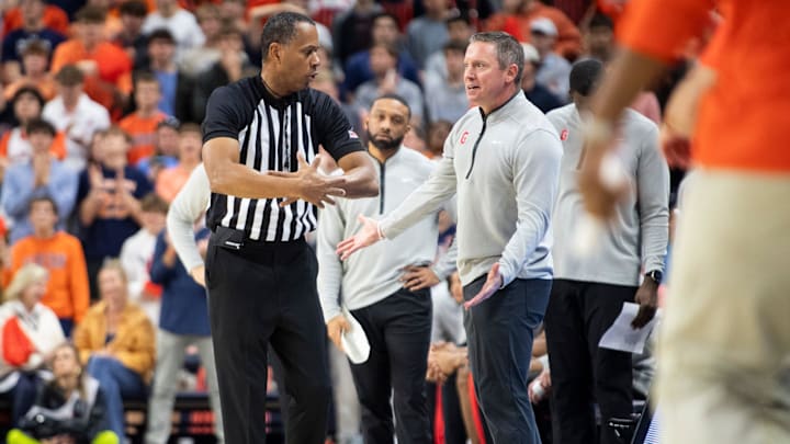 Georgia Bulldogs head coach Mike White disputes a call as Auburn Tigers take on Georgia Bulldogs at Neville Arena in Auburn, Ala., on Saturday, Feb. 22, 2025. Auburn Tigers defeated Georgia Bulldogs 82-70.