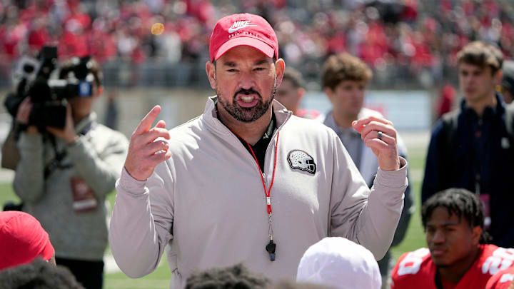 Ohio State Buckeye head coach Ryan Day addresses his team after the spring game at Ohio Stadium on April 12, 2025.