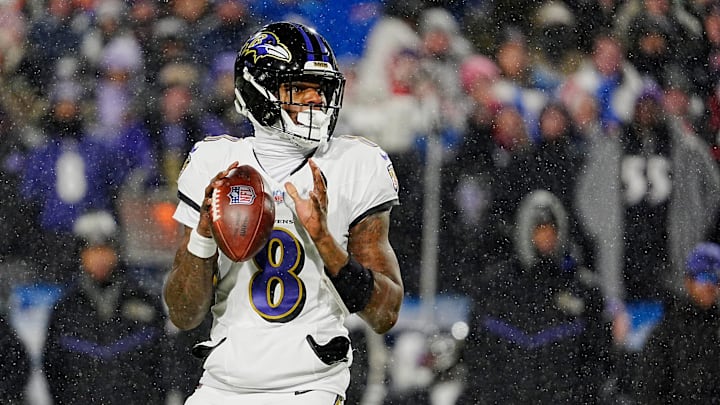 Baltimore Ravens quarterback Lamar Jackson gets ready to launch the ball during first half action at the Buffalo Bills divisional game against the Baltimore Ravens at Highmark Stadium in Orchard Park on Jan. 19, 2025. Baltimore Ravens quarterback Lamar Jackson gets ready to launch the ball during first half action at the Buffalo Bills divisional game against the Baltimore Ravens at Highmark Stadium in Orchard Park on Jan. 19, 2025.