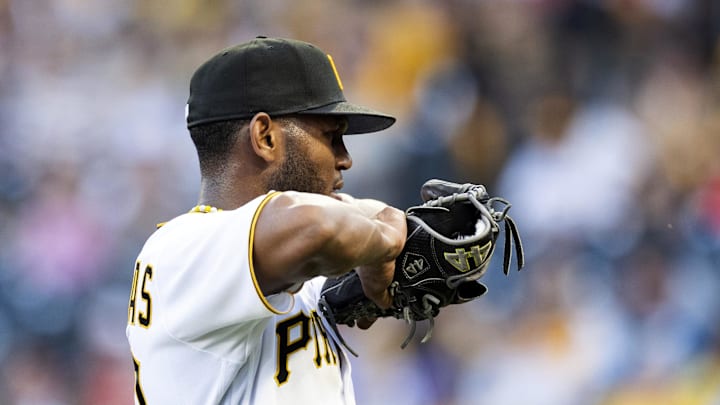 Pittsburgh Pirates starting pitcher Roansy Contreras (59) pulls at his glove after giving up a home run against the St. Louis Cardinals during the third inning at PNC Park on June 2, 2023. Pittsburgh Pirates starting pitcher Roansy Contreras (59) pulls at his glove after giving up a home run against the St. Louis Cardinals during the third inning at PNC Park on June 2, 2023.
