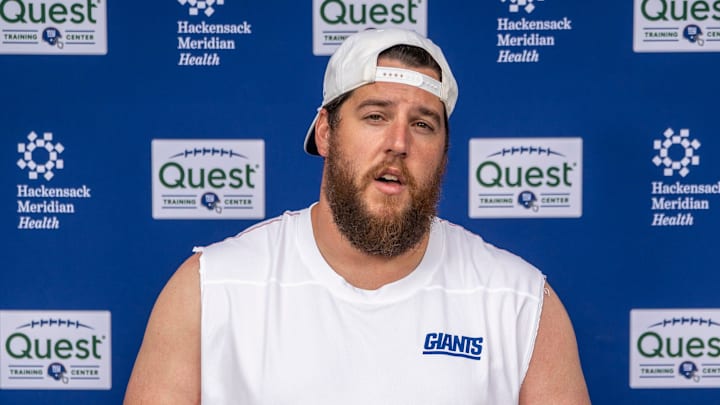 Greg Van Roten, a guard with the NY Giants, speaks to the press after a practice at Quest Diagnostics Training Center, East Rutherford, NJ, May 28, 2025. Greg Van Roten, a guard with the NY Giants, speaks to the press after a practice at Quest Diagnostics Training Center, East Rutherford, NJ, May 28, 2025.