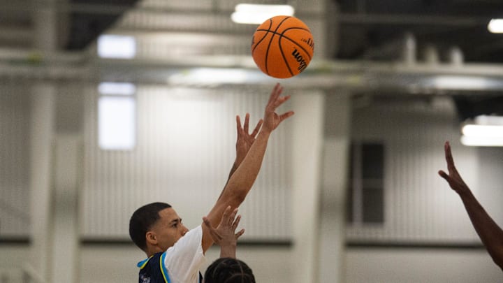 North All-Star Gadsden City’s Devin Barksdale (30) takes a jumpshot during the AHSAA All-Star boys basketball game at Cramton Bowl Multiplex in Montgomery, Ala., on Tuesday, July 16, 2024. North All-Stars defeated South All-Stars 97-85.
