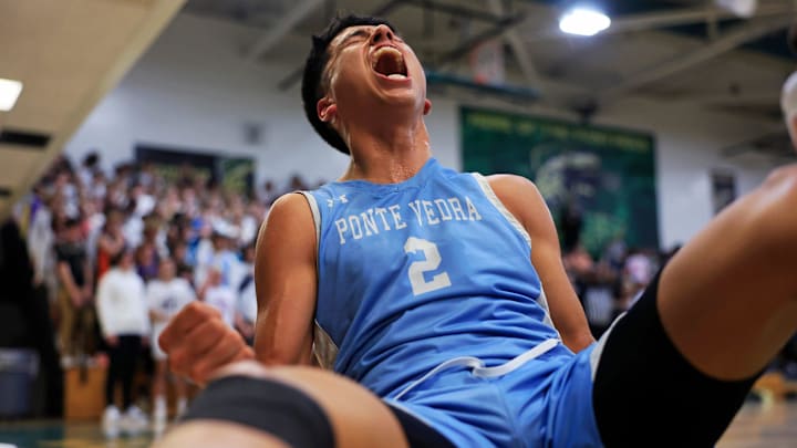 Ponte Vedra's David Sanchez Barrera (2) reacts to picking up a foul during the second quarter of a regular season high school basketball matchup Friday, Feb. 2, 2024 at Nease High School in Ponte Vedra Beach, Fla. The Ponte Vedra Sharks defeated the Nease Panthers 52-46.