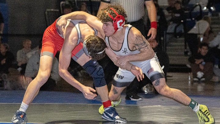 Matthew Gould of St. John Vianney (right) defeated Rich DeLorenzo (Toms River East) in the 120 final at the Shore Conference Boys Wrestling Championships at Lakewood High School on January 25,. 2025.