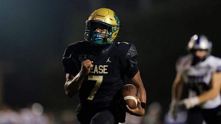 Nease's KJ Perry (7) rushes for yards en route to a touchdown during the second quarter of a high school football matchup Thursday, Nov. 7, 2024 at Nease High School in Ponte Vedra Beach, Fla. The Nease Panthers held off the Bartram Trail Bears 56-42.