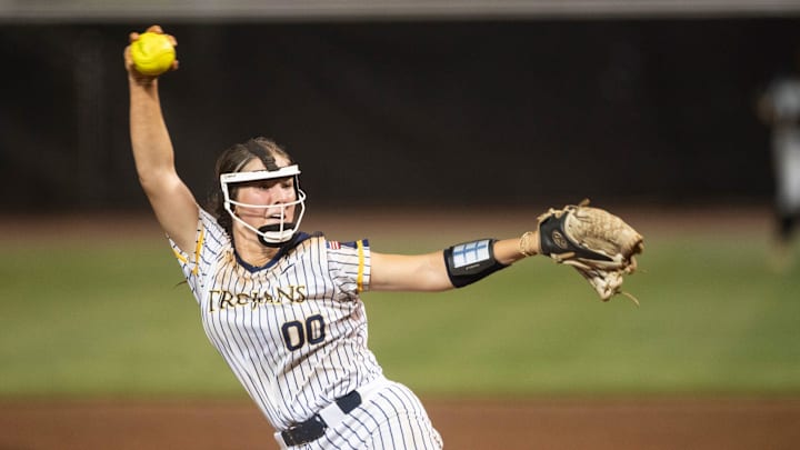 Saint James' Emily Needham (00) pitches during the AHSAA class 3A softball state championship at Choccolocco Park in Oxford, Ala., on Wednesday, May 14, 2025. Wicksburg defeated Saint James 4-3 to win the state championship
