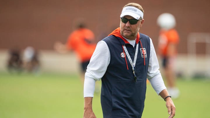 Auburn Tigers head coach Hugh Freeze watches on during practice at Woltosz Football Performance Center in Auburn, Ala. on Thursday, Aug. 14, 2025.
