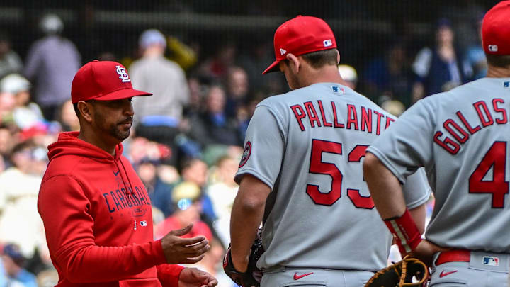 Apr 9, 2023; Milwaukee, Wisconsin, USA;  St. Louis Cardinals manager Oli Marmol makes a pitching change in the seventh inning during game against the Milwaukee Brewersat American Family Field. Mandatory Credit: Benny Sieu-Imagn Images