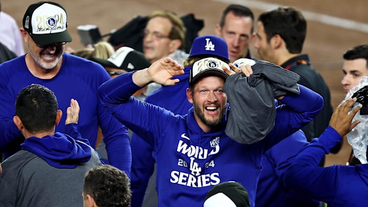 Oct 30, 2024; New York, USA, LAD; Los Angeles Dodgers pitcher Clayton Kershaw (22) celebrates after the Los Angeles Dodgers beat the New York Yankees in game five to win the 2024 Imagn Images World Series at New York. Mandatory Credit: Wendell Cruz-Imagn Images