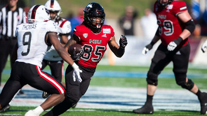 Northern Illinois Huskies wide receiver Trayvon Rudolph (85) runs the ball as Arkansas State Red Wolves take on the Northern Illinois Huskies during the Camellia Bowl at Cramton Bowl in Montgomery, Ala., on Saturday, Dec. 23, 2023. Northern Illinois Huskies leads Arkansas State Red Wolves 21-13.