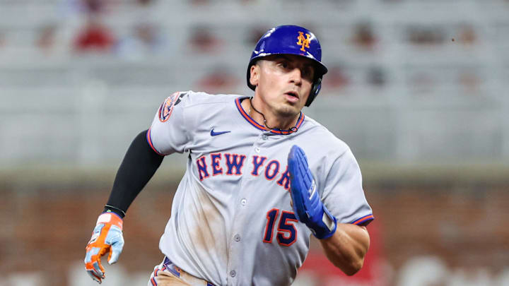 Aug 22, 2025; Cumberland, Georgia, USA; New York Mets outfielder Tyrone Taylor (15) runs the bases against the Atlanta Braves during the sixth inning at Truist Park. Mandatory Credit: Jordan Godfree-Imagn Images Aug 22, 2025; Cumberland, Georgia, USA; New York Mets outfielder Tyrone Taylor (15) runs the bases against the Atlanta Braves during the sixth inning at Truist Park. Mandatory Credit: Jordan Godfree-Imagn Images