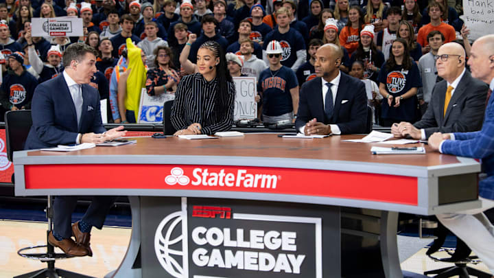 Announcers Rece Davis, from left, Andraya Carter, Jay Williams, Seth Greenberg and Jay Bilas talk during ESPN GameDay at Neville Arena in Auburn, Ala., on Saturday, Jan. 25, 2025.