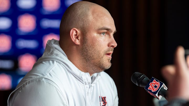 Auburn Tigers offensive line coach Jake Thornton is interviewed at the Woltosz Football Performance Center in Auburn, Ala., on Monday, March 24, 2025.