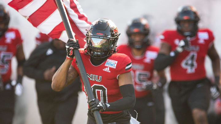 Northern Illinois Huskies wide receiver Billy Dozier (10) leads his team on the field as Arkansas State Red Wolves take on the Northern Illinois Huskies during the Camellia Bowl at Cramton Bowl in Montgomery, Ala., on Saturday, Dec. 23, 2023. Northern Illinois Huskies leads Arkansas State Red Wolves 21-13.