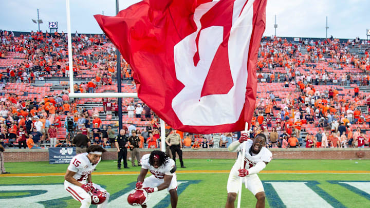 Oklahoma Sooners linebacker Kobie McKinzie (11) celebrates after the game as Auburn Tigers take on Oklahoma Sooners at Jordan-Hare Stadium in Auburn, Ala., on Saturday, Sept. 28, 2024. Oklahoma Sooners defeated Auburn Tigers 27-21.