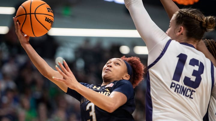 Notre Dame Fighting Irish guard Hannah Hidalgo (3) goes up for a layup as TCU Horned Frogs face off with Notre Dame Fighting Irish during the Sweet 16 at Legacy Arena in Birmingham, Ala., on Saturday, March 29, 2025. TCU Horned Frogs defeated Notre Dame Fighting Irish 71-62 to advance to the Elite 8. Notre Dame Fighting Irish guard Hannah Hidalgo (3) goes up for a layup as TCU Horned Frogs face off with Notre Dame Fighting Irish during the Sweet 16 at Legacy Arena in Birmingham, Ala., on Saturday, March 29, 2025. TCU Horned Frogs defeated Notre Dame Fighting Irish 71-62 to advance to the Elite 8.