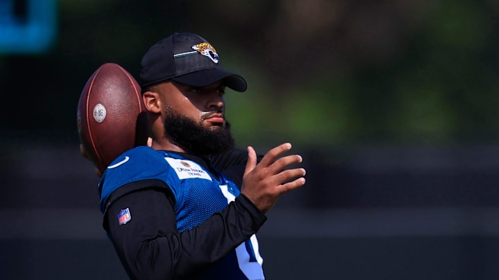 Jacksonville Jaguars wide receiver Gabe Davis (0) throws the ball during an organized team activity Tuesday, May 28, 2024 at EverBank Stadium’s Miller Electric Center in Jacksonville, Fla. Jacksonville Jaguars wide receiver Gabe Davis (0) throws the ball during an organized team activity Tuesday, May 28, 2024 at EverBank Stadium’s Miller Electric Center in Jacksonville, Fla.